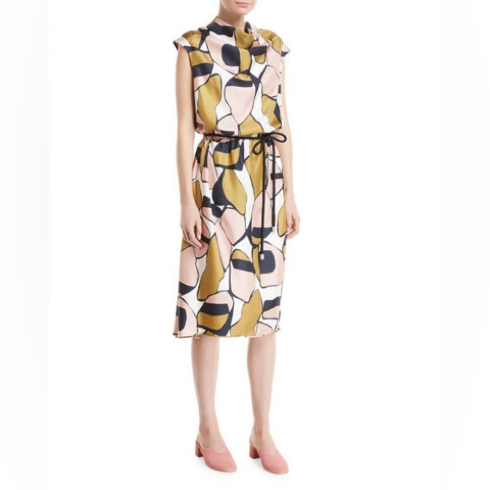 Marc Jacobs silk midi dress cowl mock neck short cap sleeve abstract print knee - Picture 6 of 11